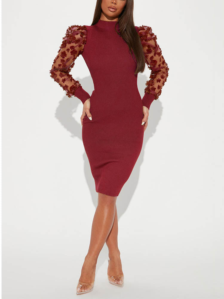 Sixsr Mesh Puff Sleeve Ribbed Midi Dress