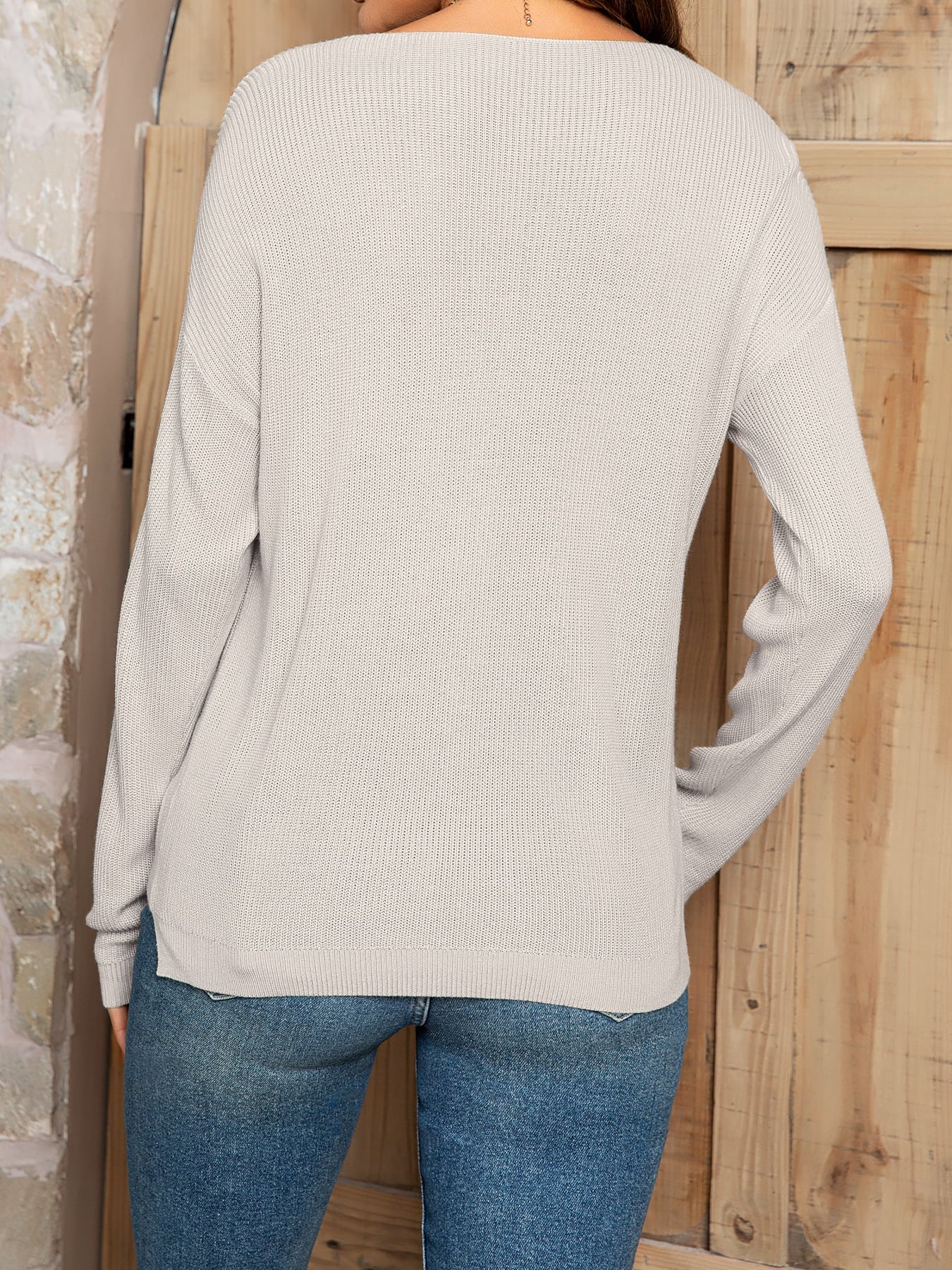 swvws V-Neck Long Sleeve Knit Top with Pocket