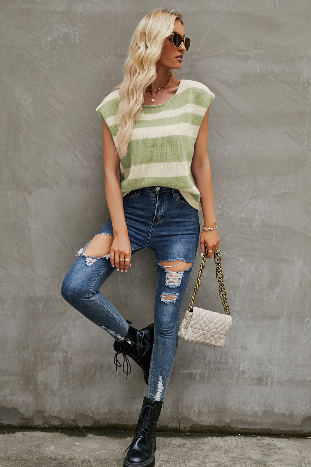 swvws Striped Round Neck Cap Sleeve Knit Top