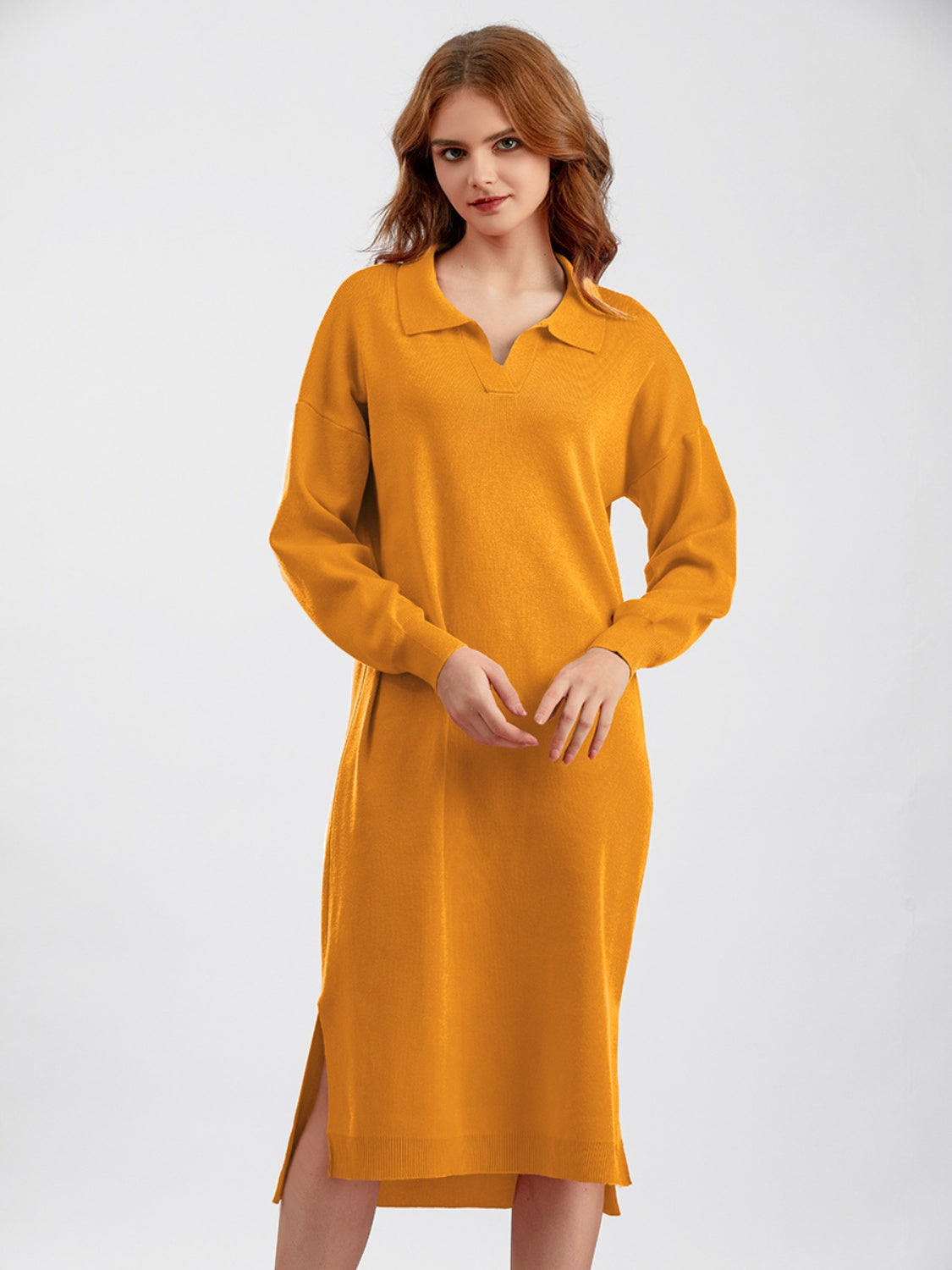 swvws Johnny Collar Long Sleeve Slit Sweater Dress