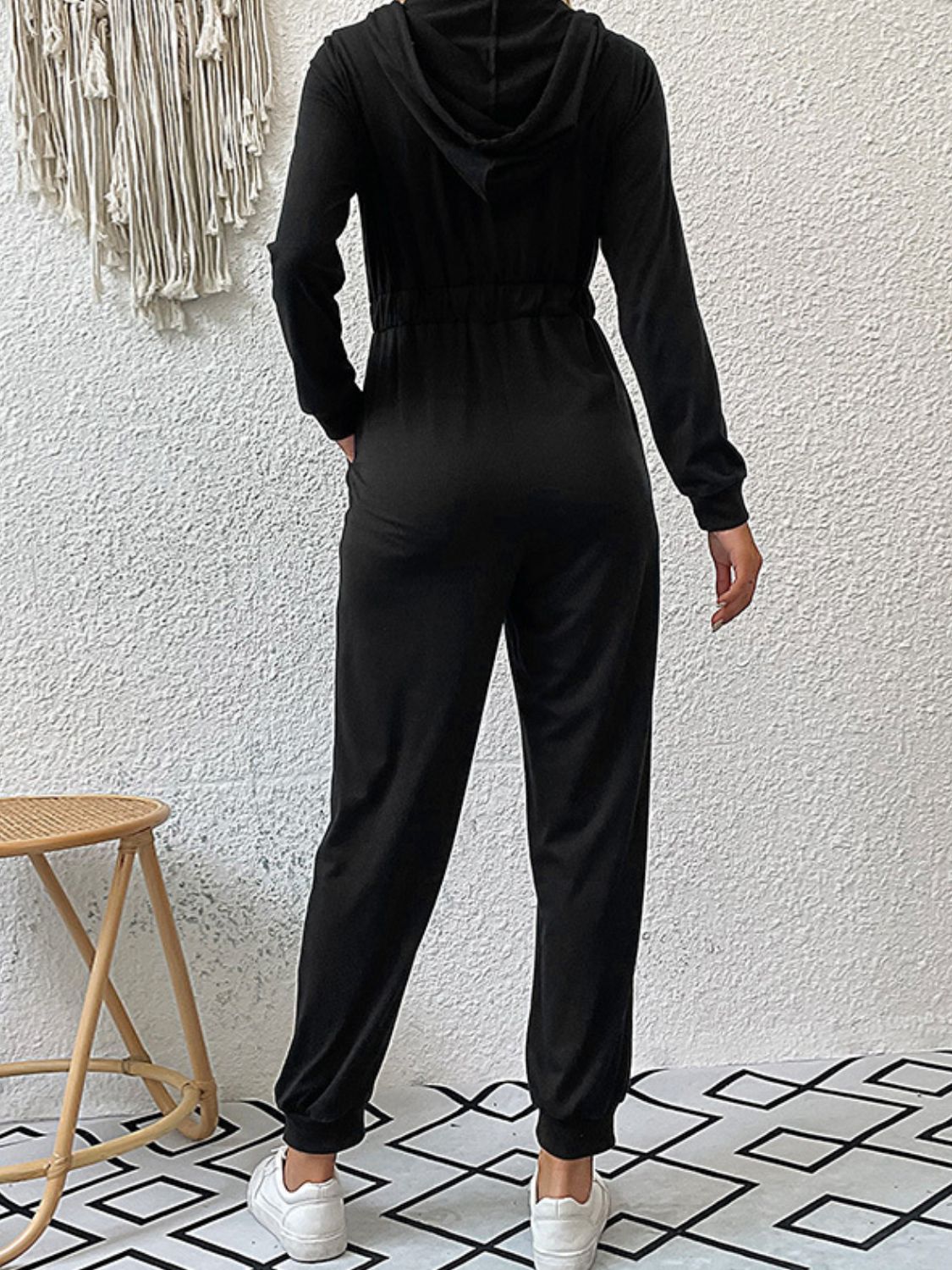 swvws Zip Up Elastic Waist Hooded Jogger Jumpsuit