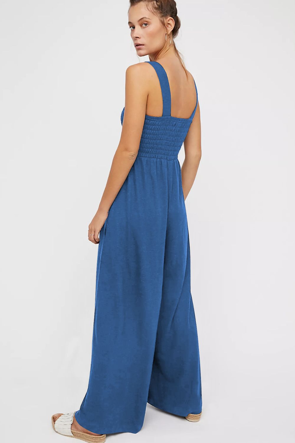 swvws Smocked Square Neck Wide Leg Jumpsuit with Pockets