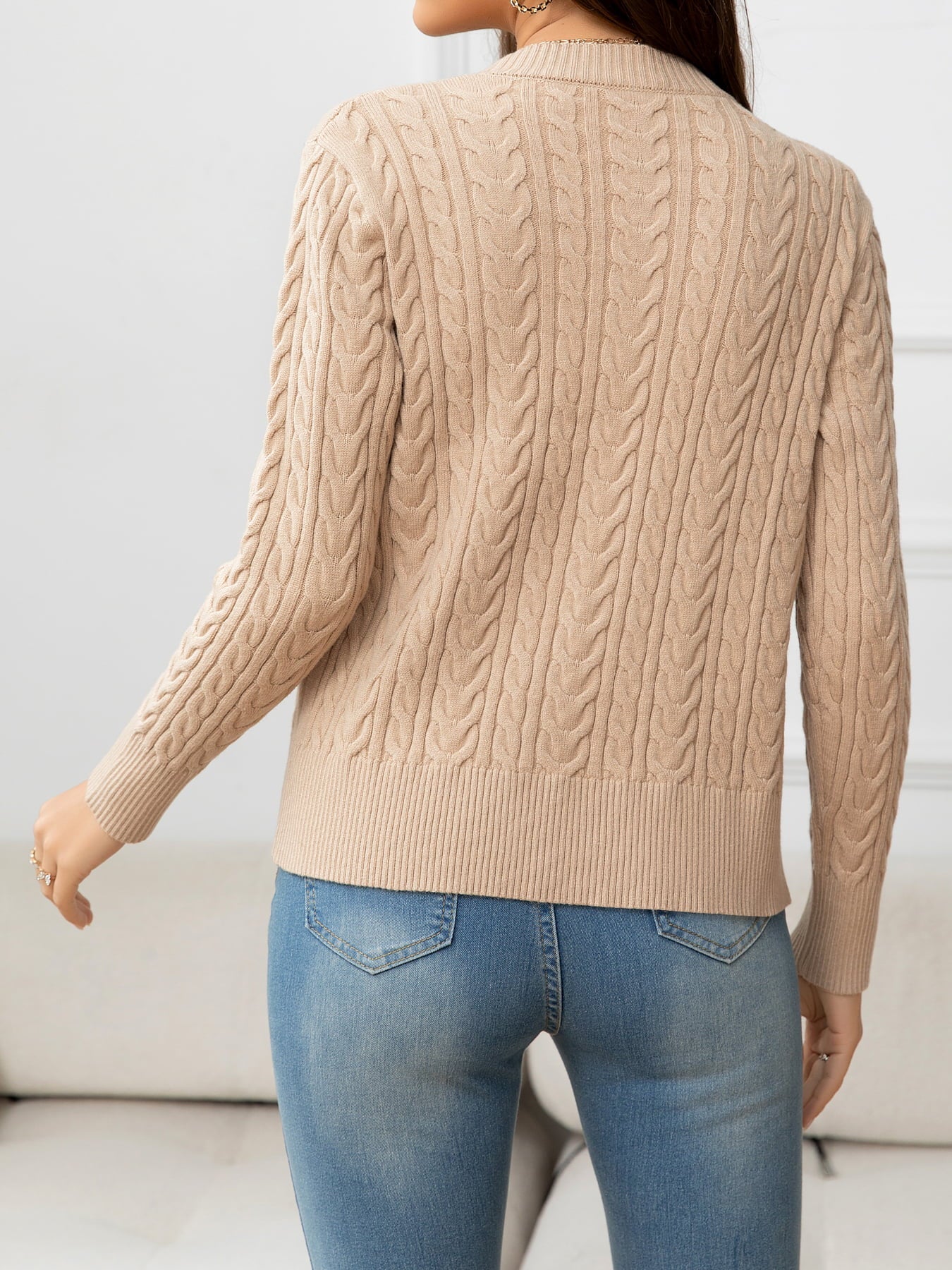 swvws V-Neck Long Sleeve Cable-Knit Buttoned Knit Top