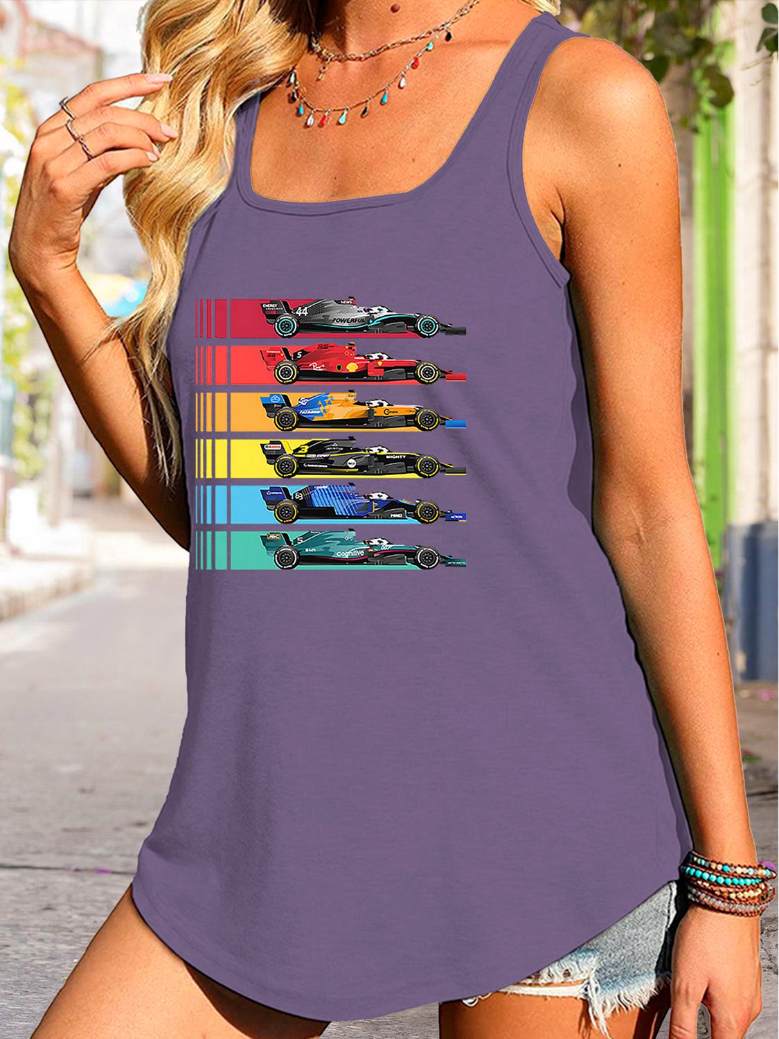 swvws Scoop Neck Race Car Graphic Tank Top