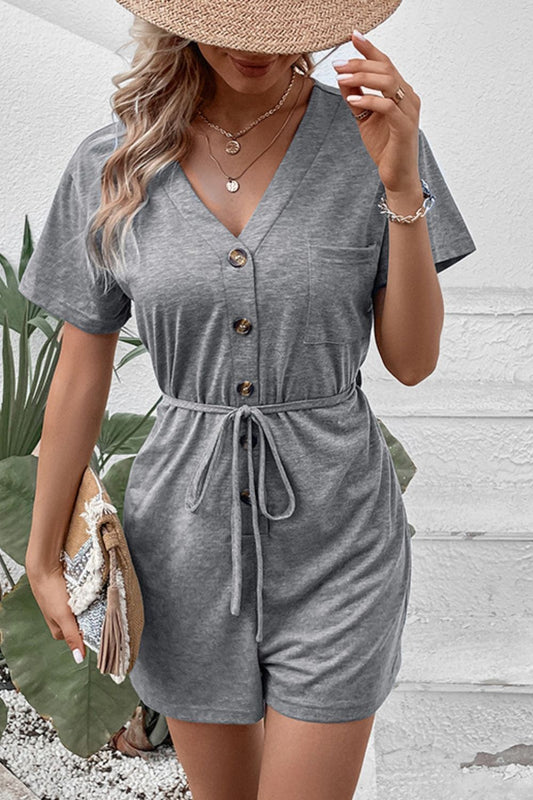 swvws V-Neck Short Sleeve Tied Romper