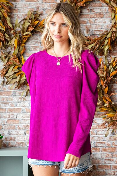 swvws First Love Texture Puff Sleeve Round Neck Blouse