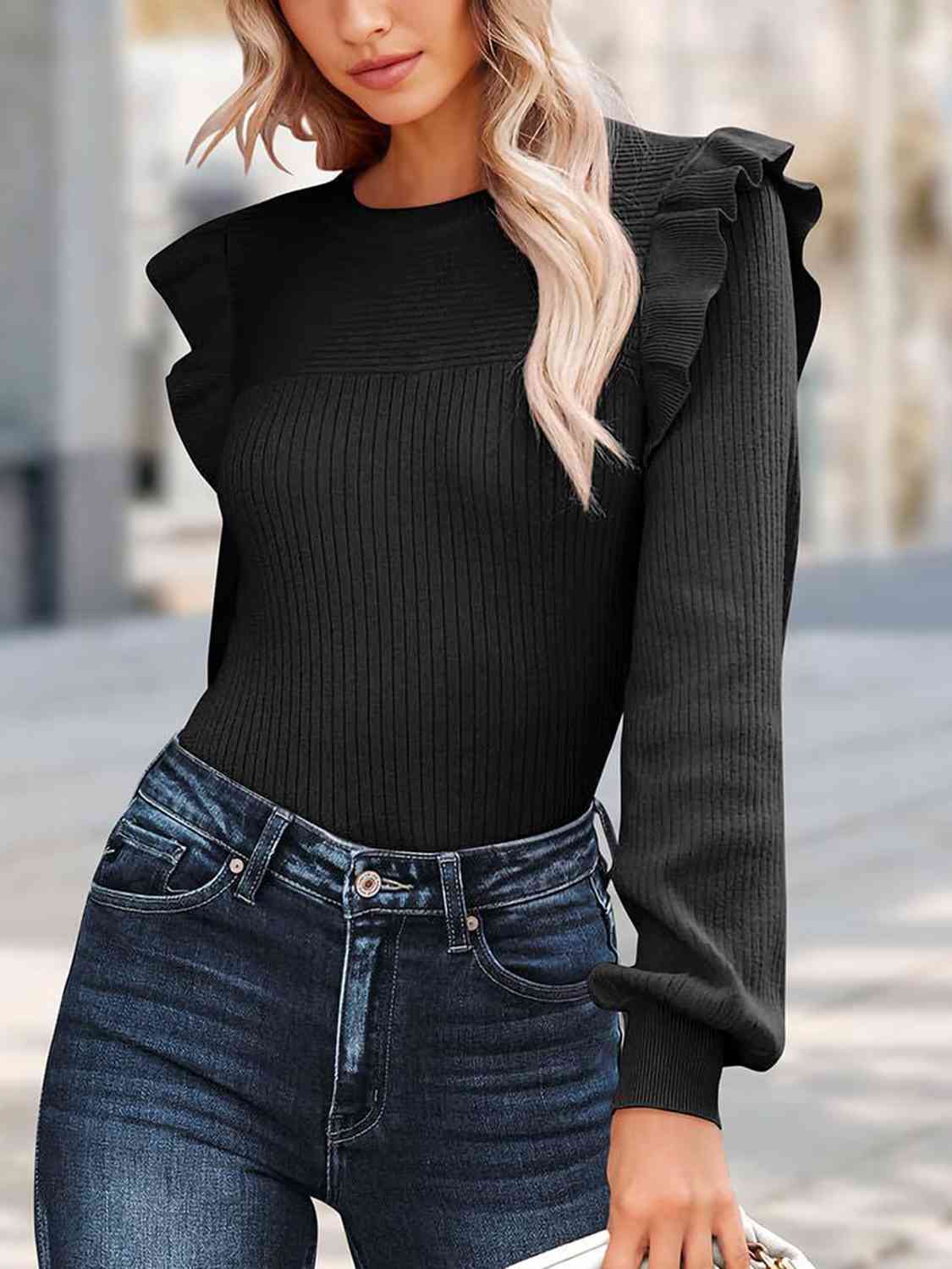 swvws Ribbed Ruffled Round Neck Long Sleeve Knit-Top