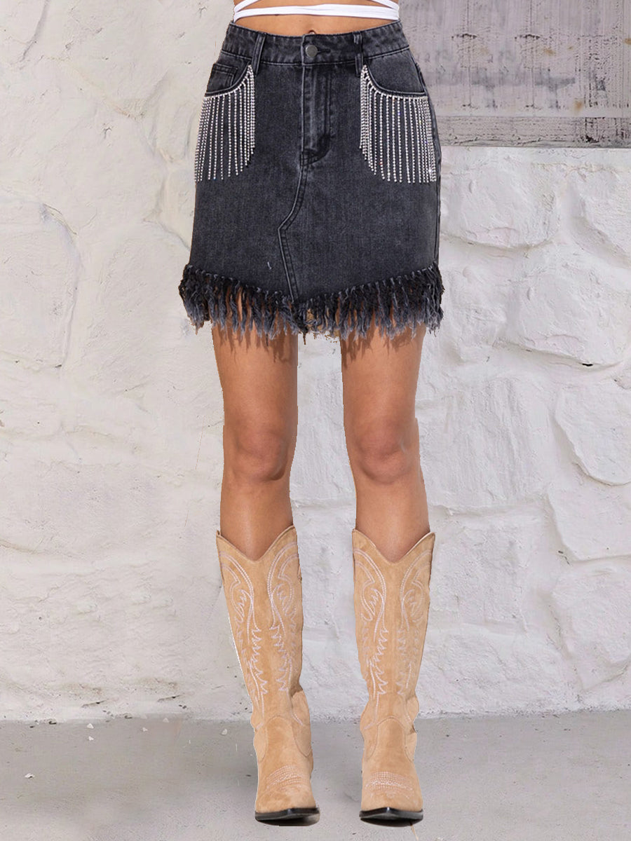 themeisles Rhinestone Fringe Denim Skirt