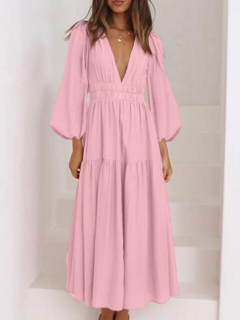 swvws Deep V-Neck Balloon Sleeve Plain Maxi Dress