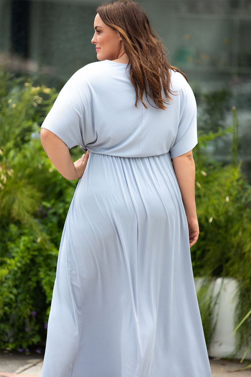 swvws Plus Size Round Neck Split Flutter Sleeve Maxi Dress