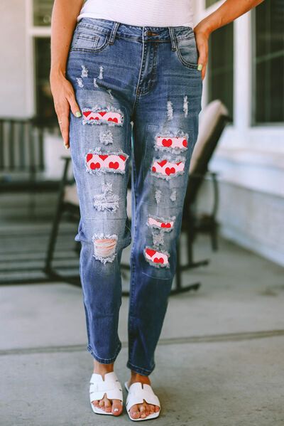 swvws Heart Distressed Raw Hem Straight Jeans