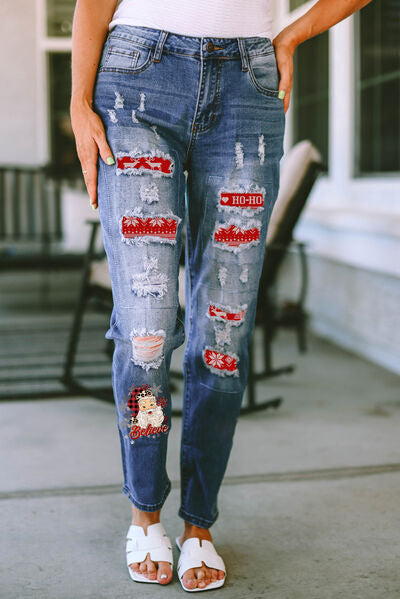 swvws Santa Graphic Distressed Straight Jeans