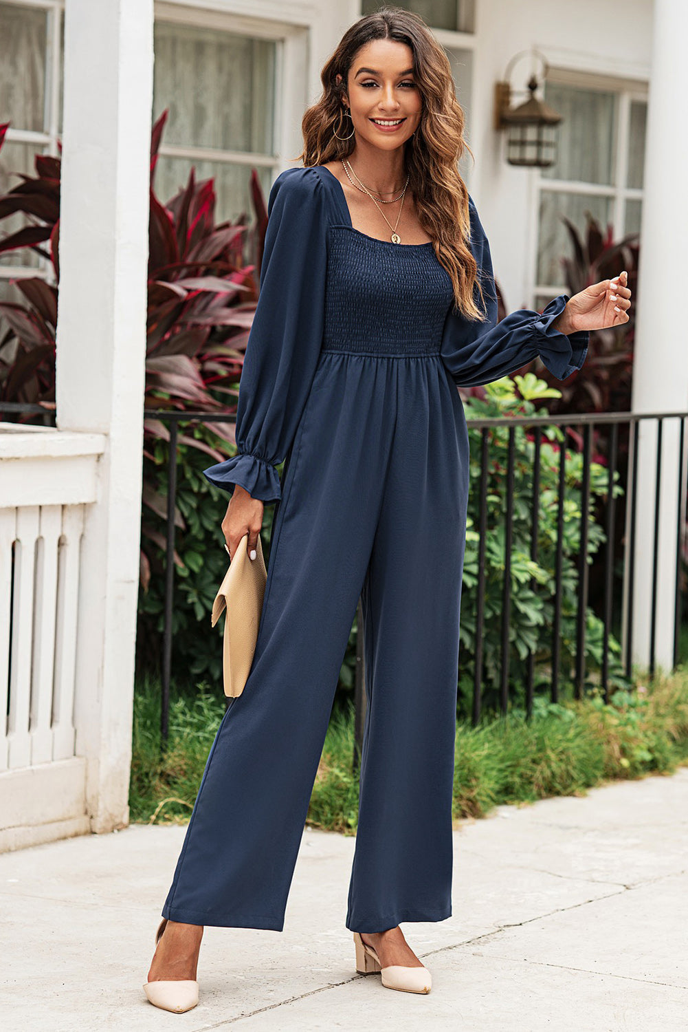 swvws Smocked Long Flounce Sleeve Square Neck Jumpsuit