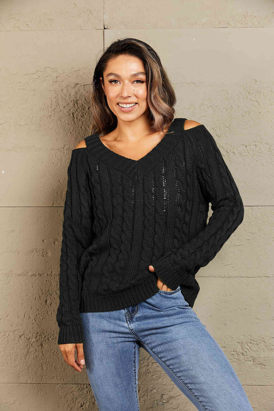 swvws Woven Right Cable-Knit Cold-Shoulder Long Sleeve Sweater