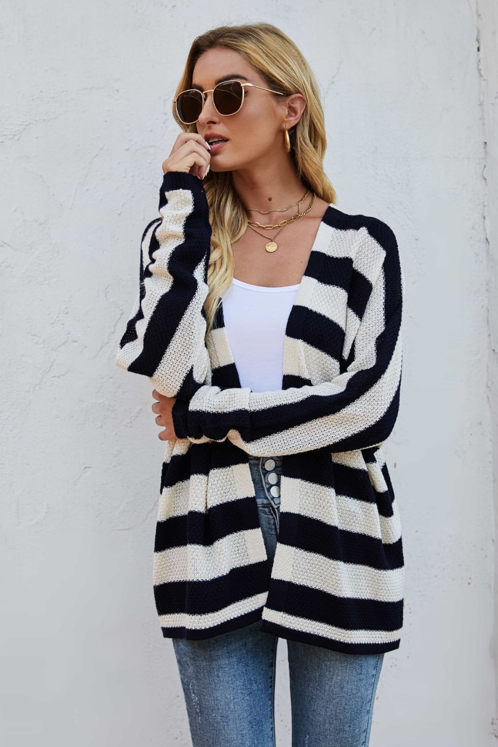 swvws Striped Dolman Sleeve Open Front Cardigan