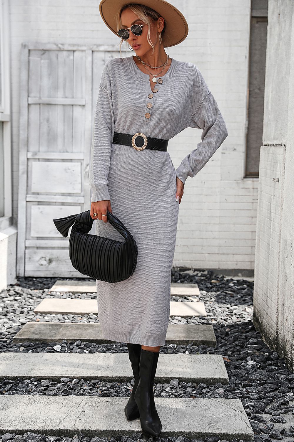 swvws Notched Neck Dropped Shoulder Button-Down Midi Dress