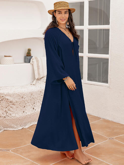 swvws Plus Size Tie Neck Long Sleeve Slit Dress