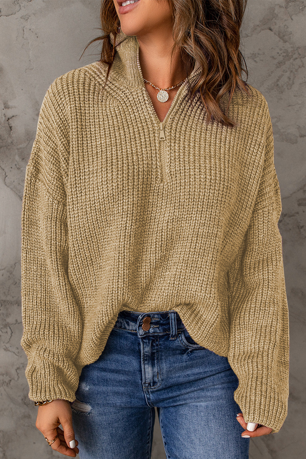 swvws Half Zip Rib-Knit Dropped Shoulder Sweater