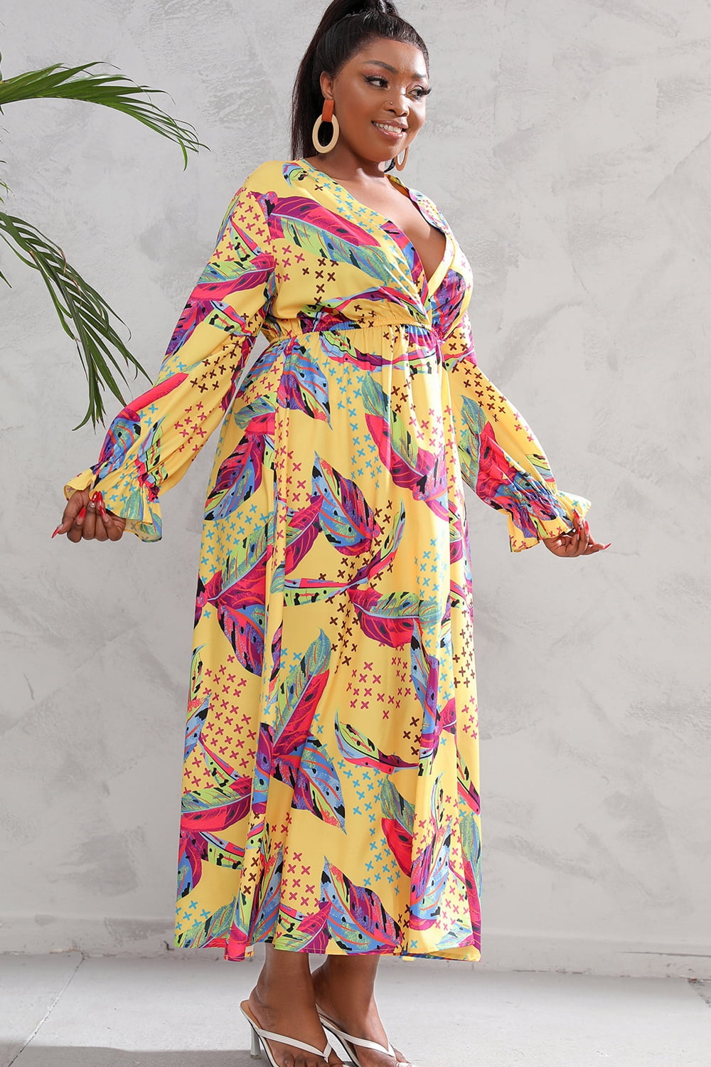 swvws Plus Size Printed Flounce Sleeve Maxi Dress