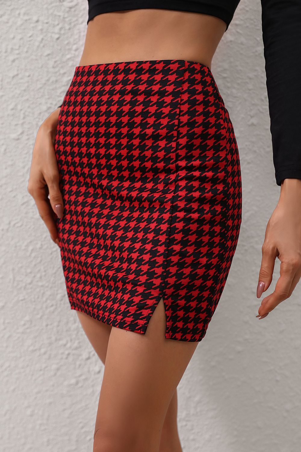 themeisles Houndstooth Slit Mini Skirt