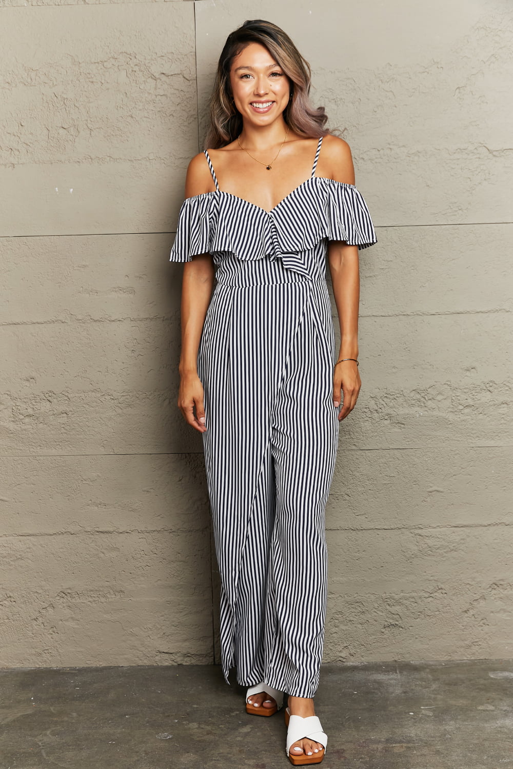 swvws Striped Spaghetti Strap Cold-Shoulder Jumpsuit