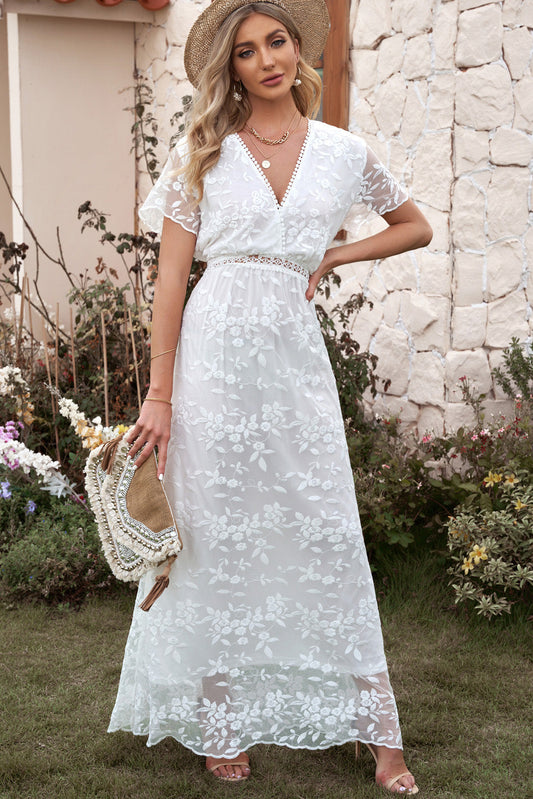 swvws Embroidered Short Sleeve Surplice Neck Maxi Dress