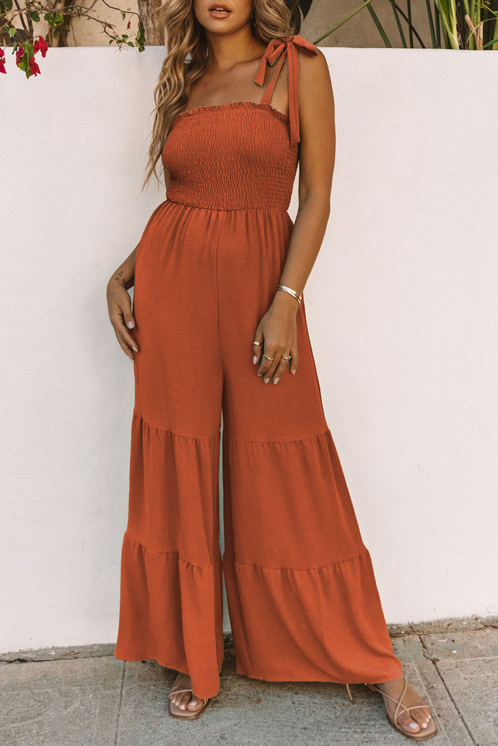 swvws Tie-Shoulder Smocked Tiered Jumpsuit