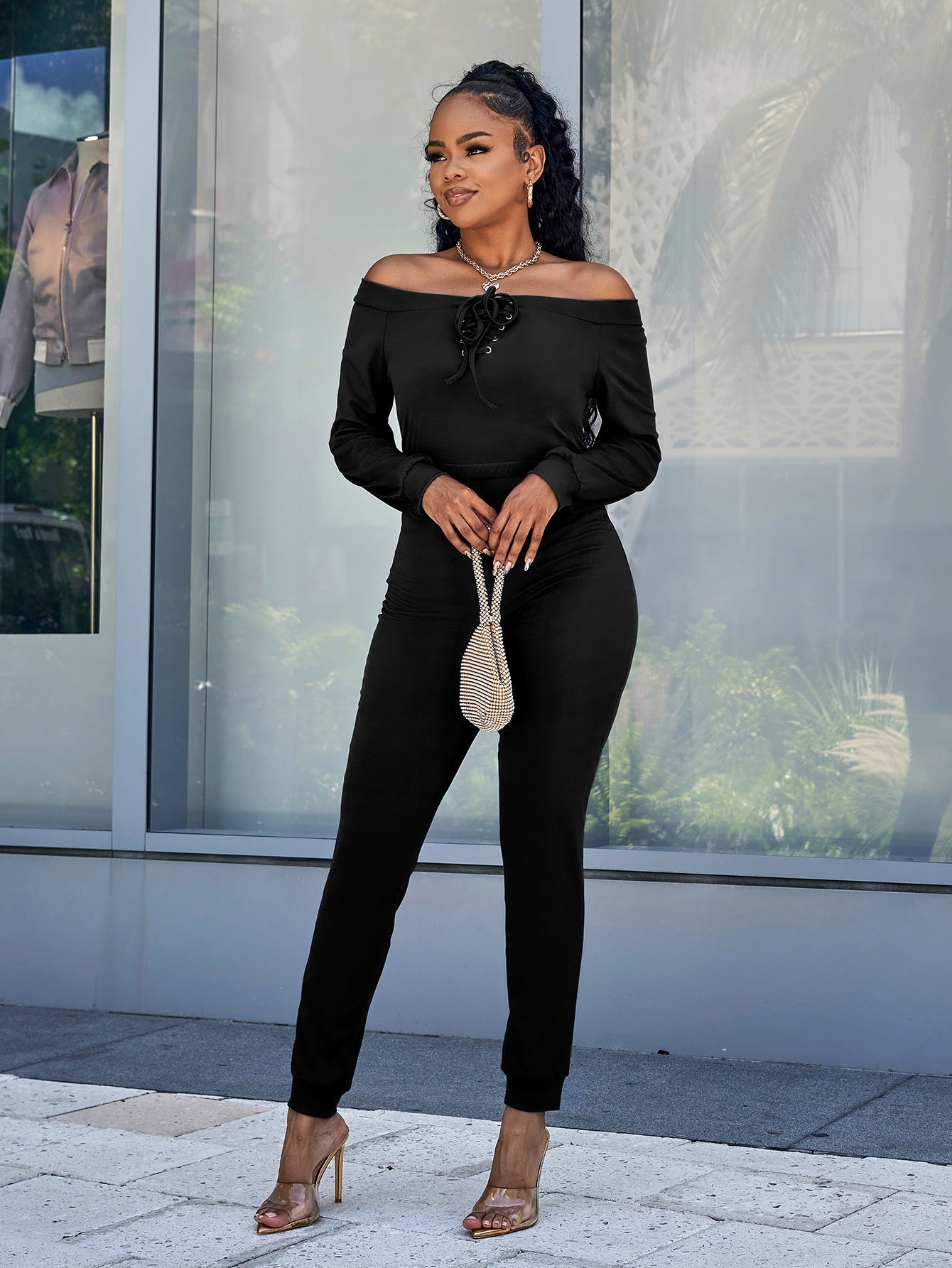 swvws Lace-Up Off-Shoulder Long Sleeve Jumpsuit