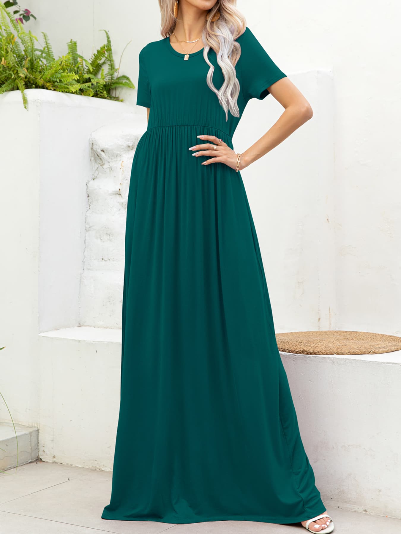 swvws Round Neck Short Sleeve Maxi Dress with Pockets