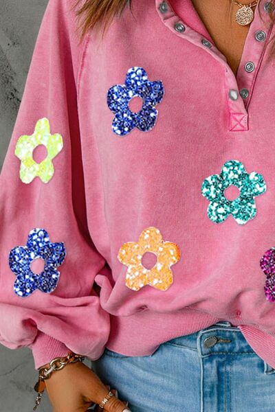 swvws Sequin Flower Half Snap Lantern Sleeve Sweatshirt