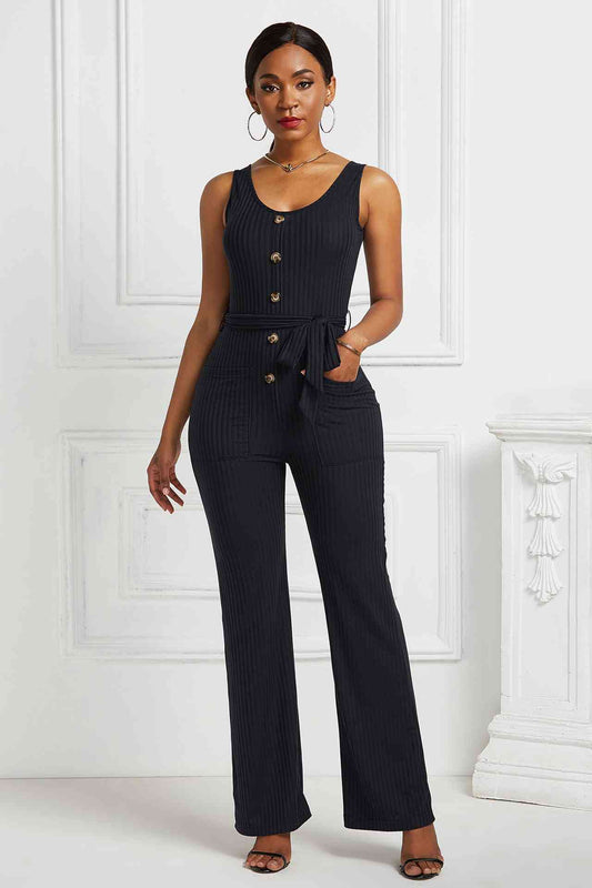 swvws Button Detail Tie Waist Jumpsuit with Pockets