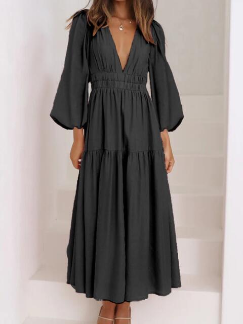 swvws Deep V-Neck Balloon Sleeve Plain Maxi Dress