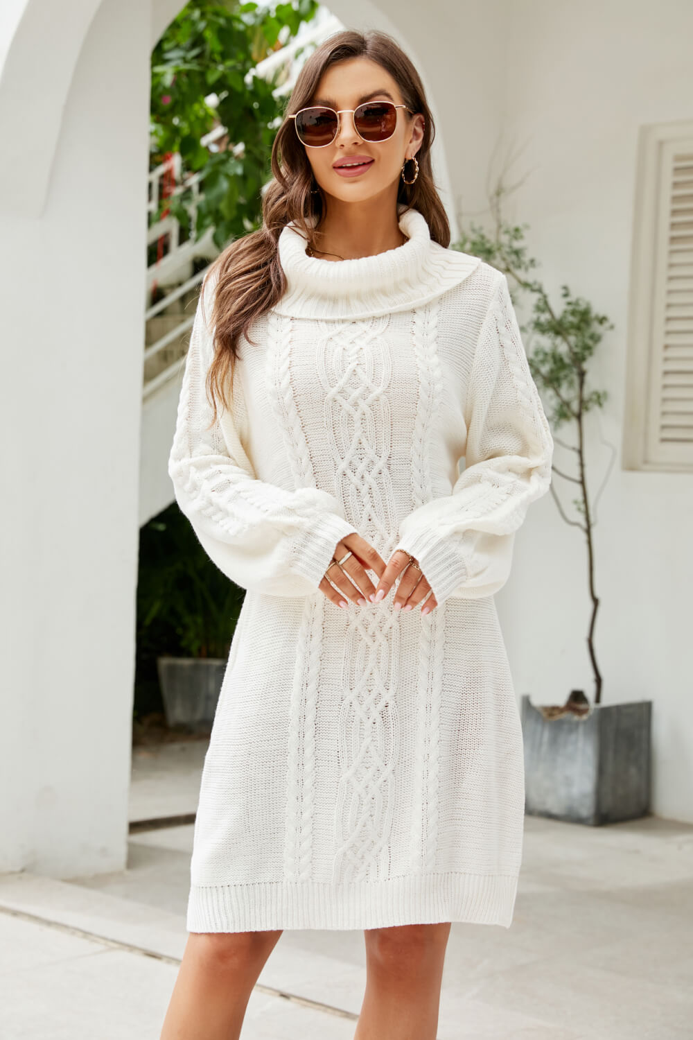 swvws Mixed Knit Turtleneck Lantern Sleeve Sweater Dress