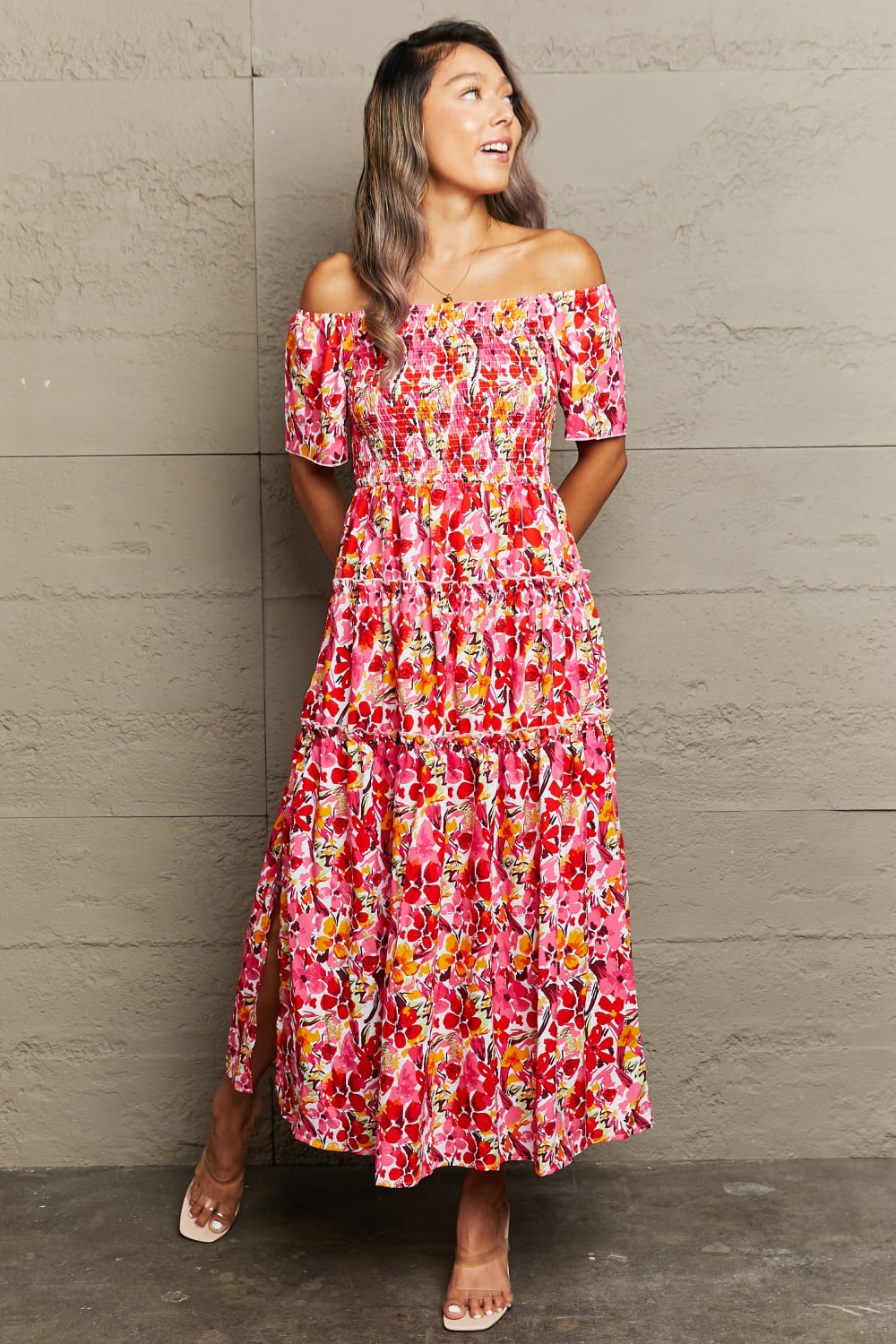 swvws Floral Off-Shoulder Frill Trim Maxi Dress