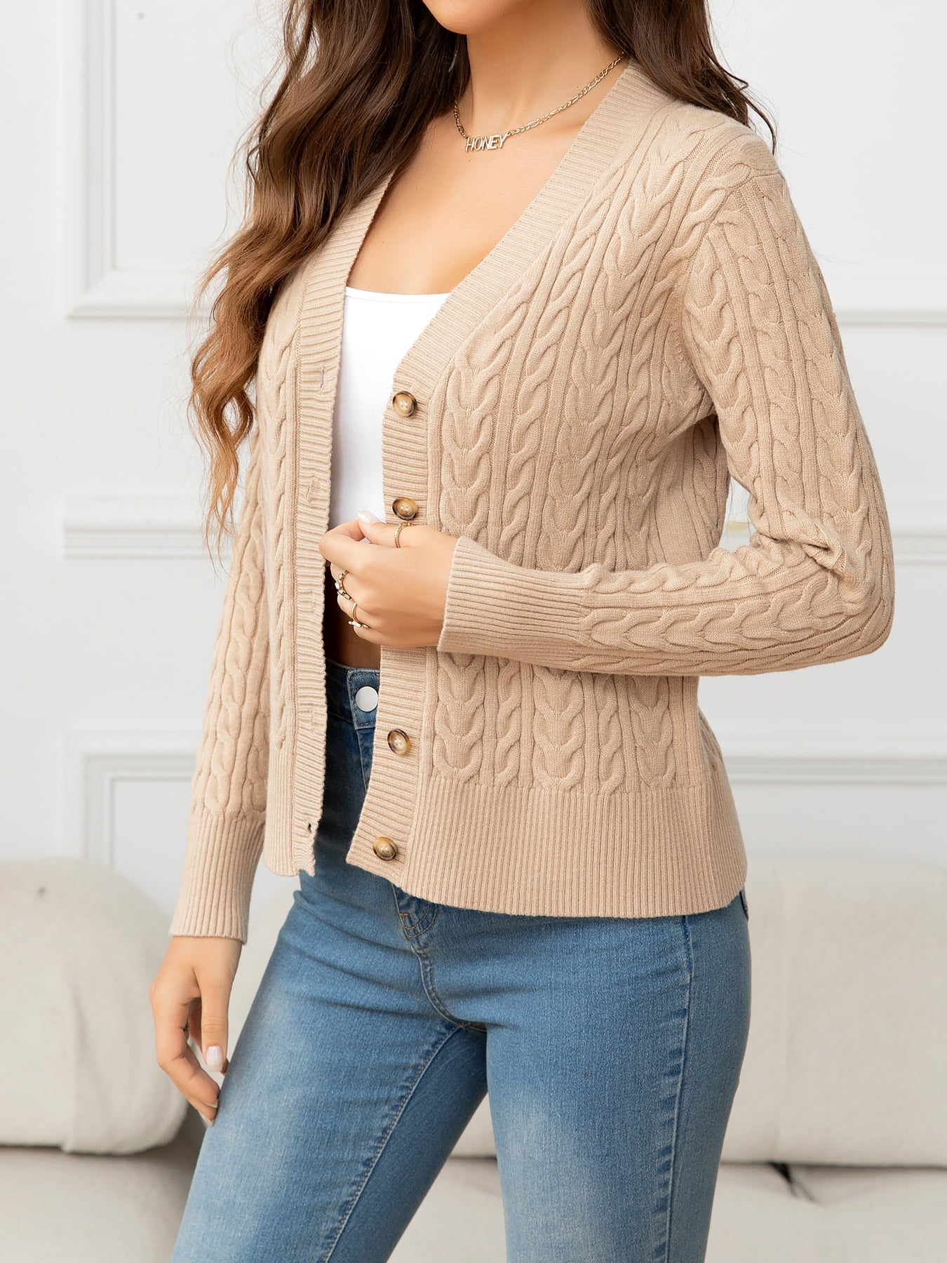 swvws V-Neck Long Sleeve Cable-Knit Buttoned Knit Top