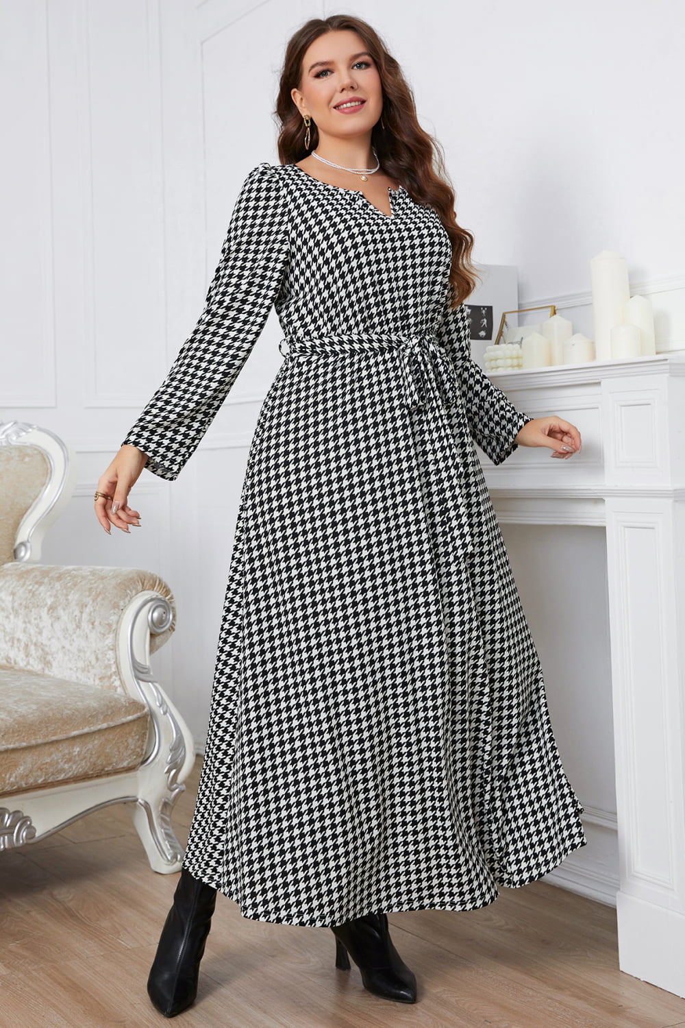 swvws Melo Apparel Plus Size Notched Neck Houndstooth Tie Belt Maxi Dress