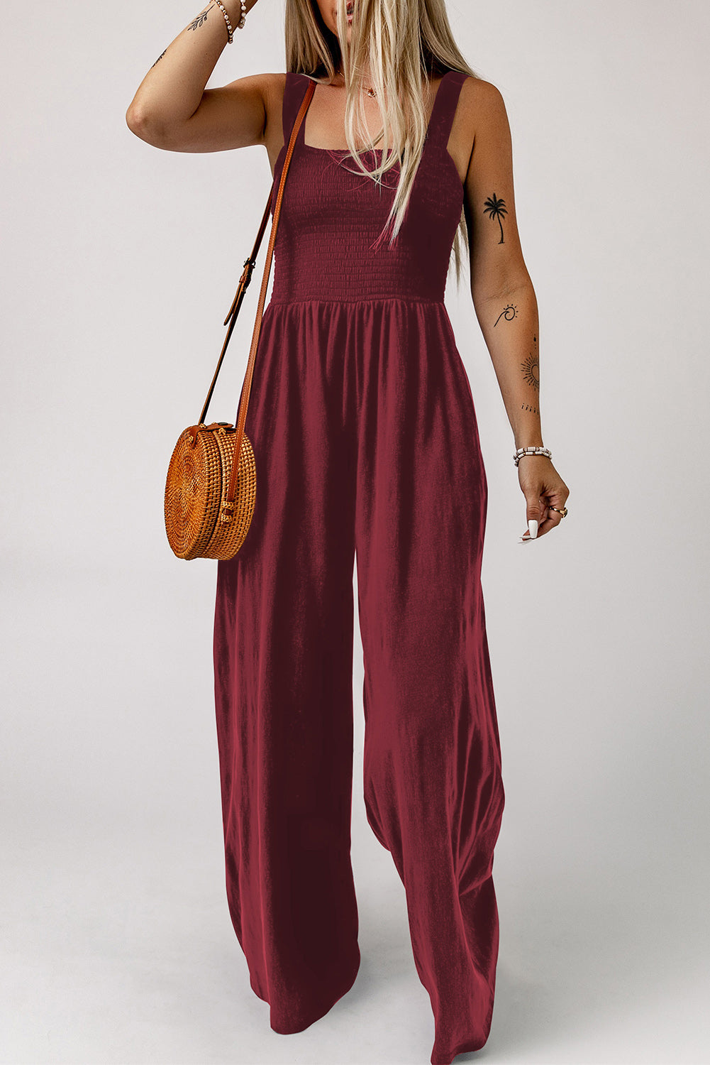 swvws Smocked Square Neck Wide Leg Jumpsuit with Pockets