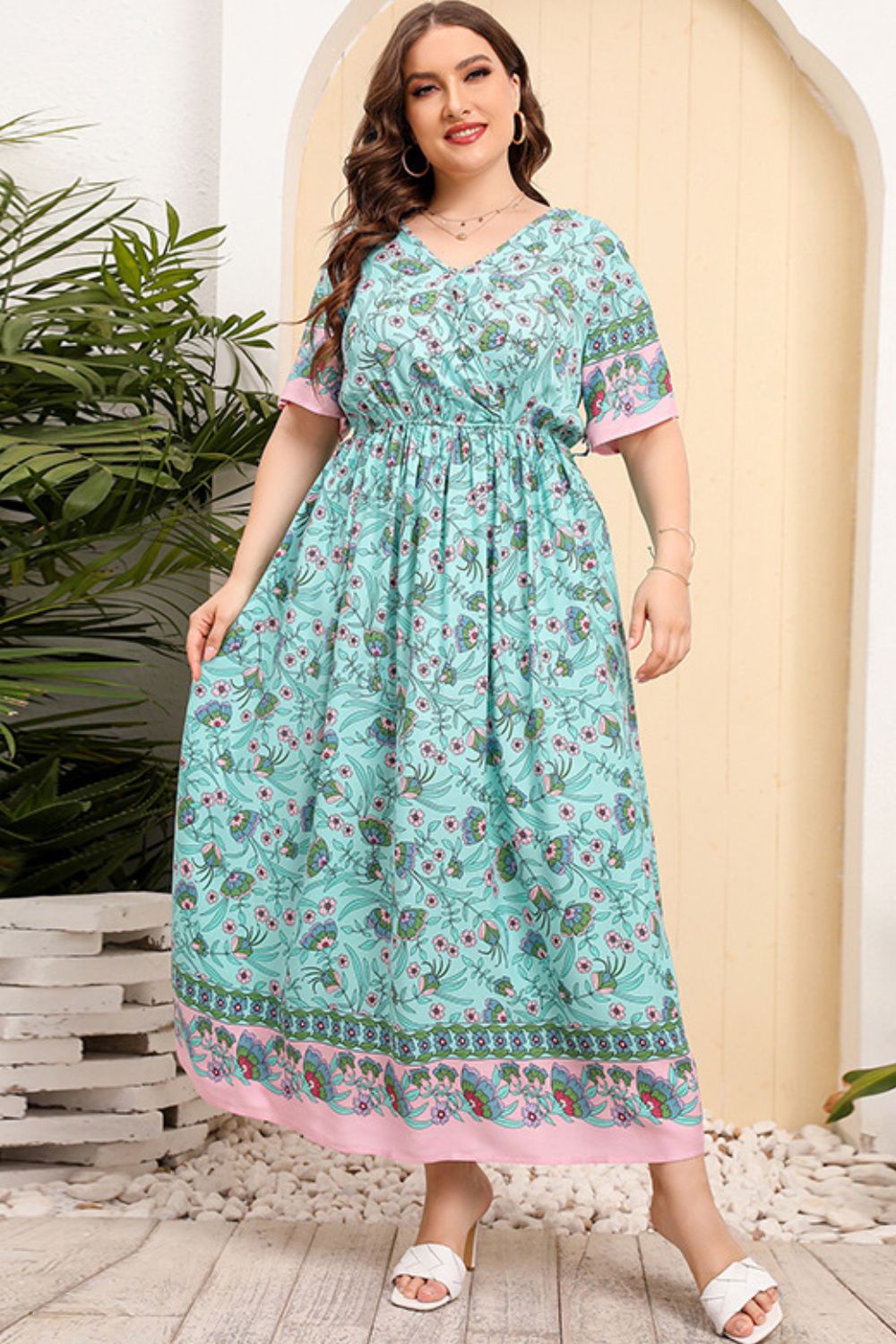 swvws Plus Size Bohemian V-Neck Short Sleeve Maxi Dress