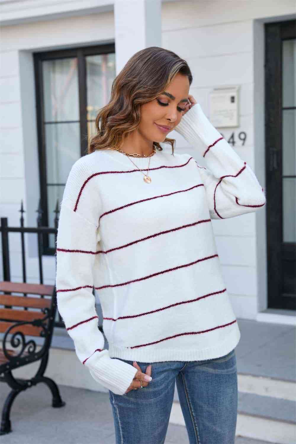 swvws Striped Round Neck Long Sleeve Sweater