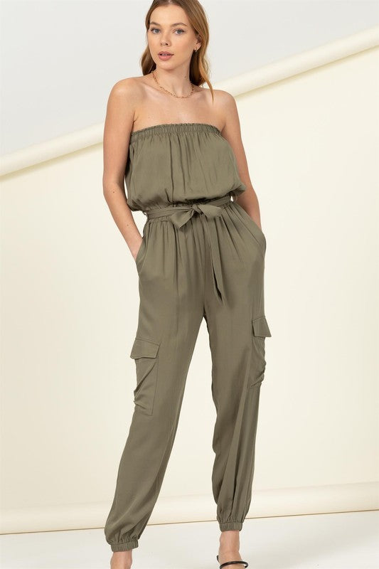 swvws Flap Pocket Side Belted Tube Jumpsuit