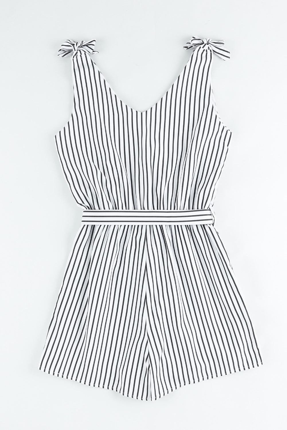 swvws Striped Tie-Shoulder Belted Surplice Romper