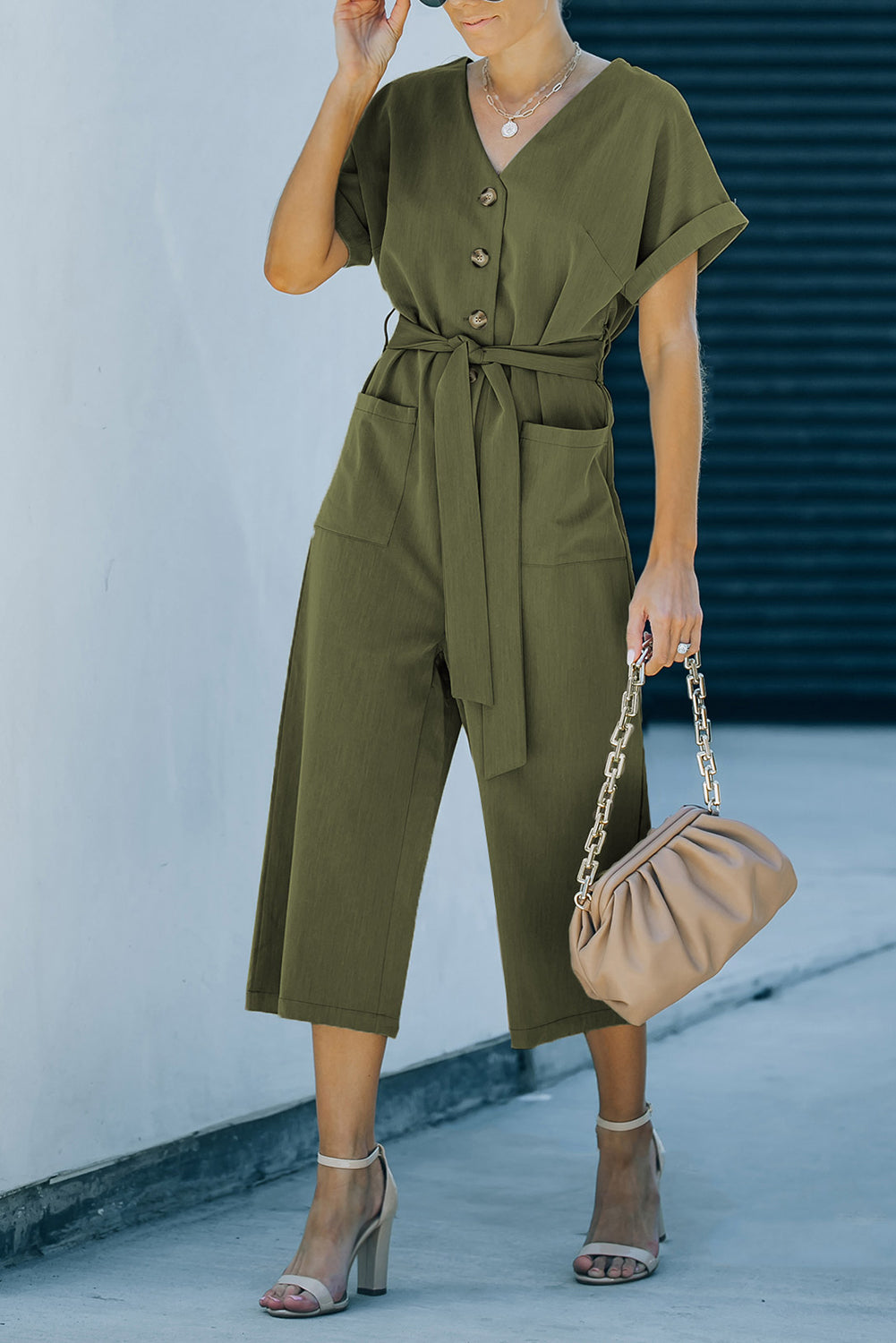 swvws Tie-Waist Buttoned Cropped Jumpsuit