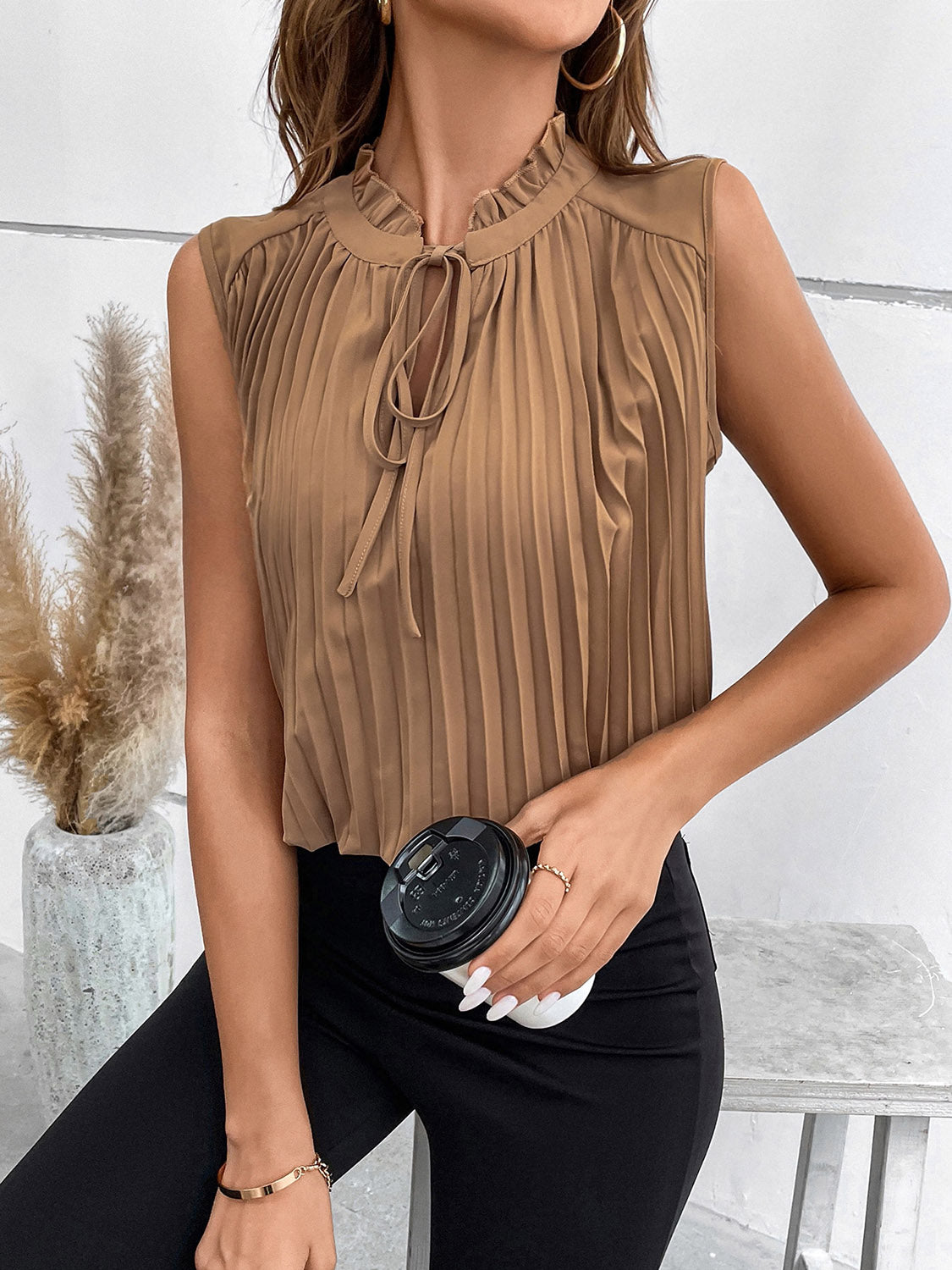 swvws Pleated Tie Neck Tank Top