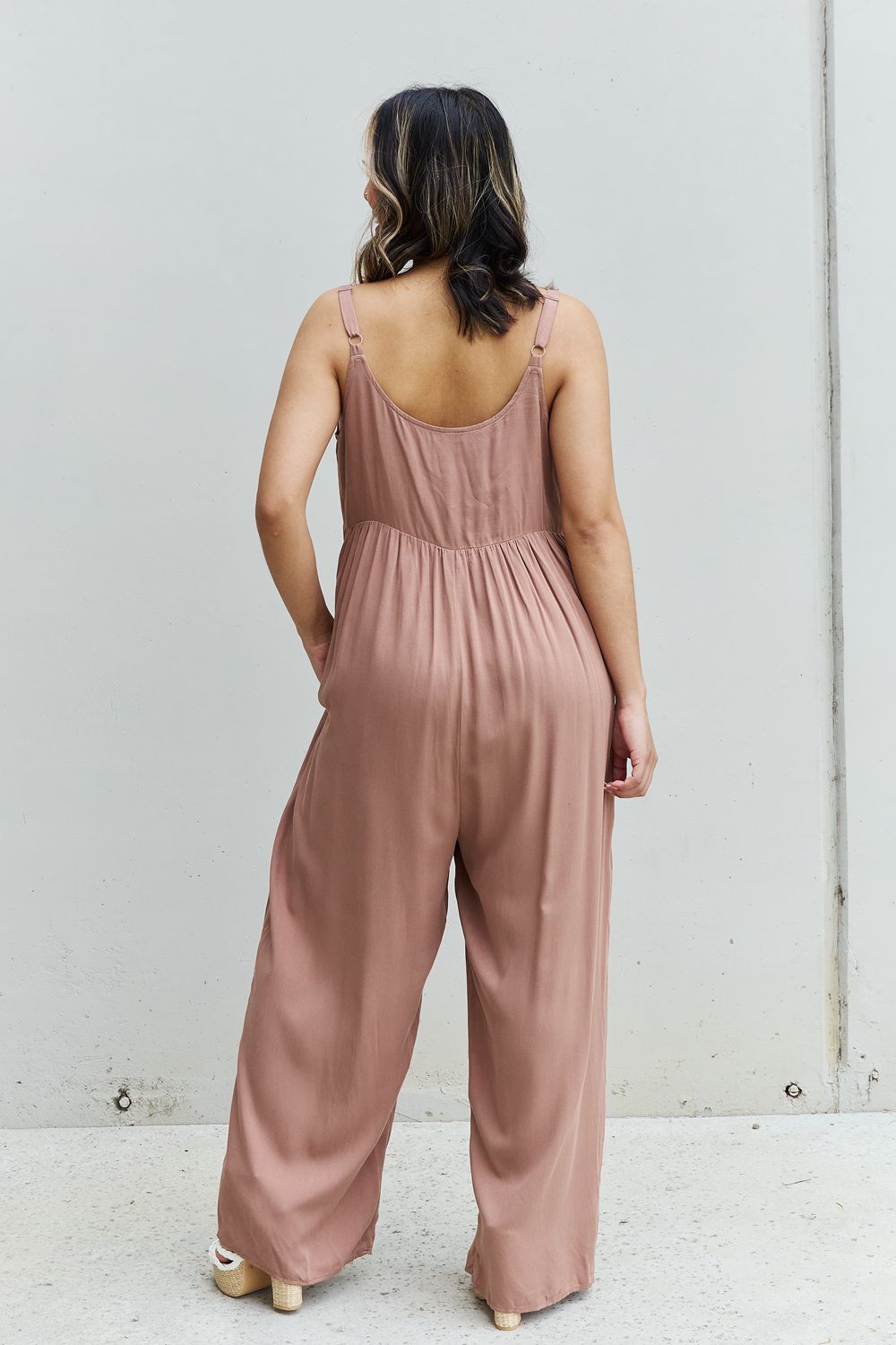 swvws HEYSON All Day Full Size Wide Leg Button Down Jumpsuit in Mocha