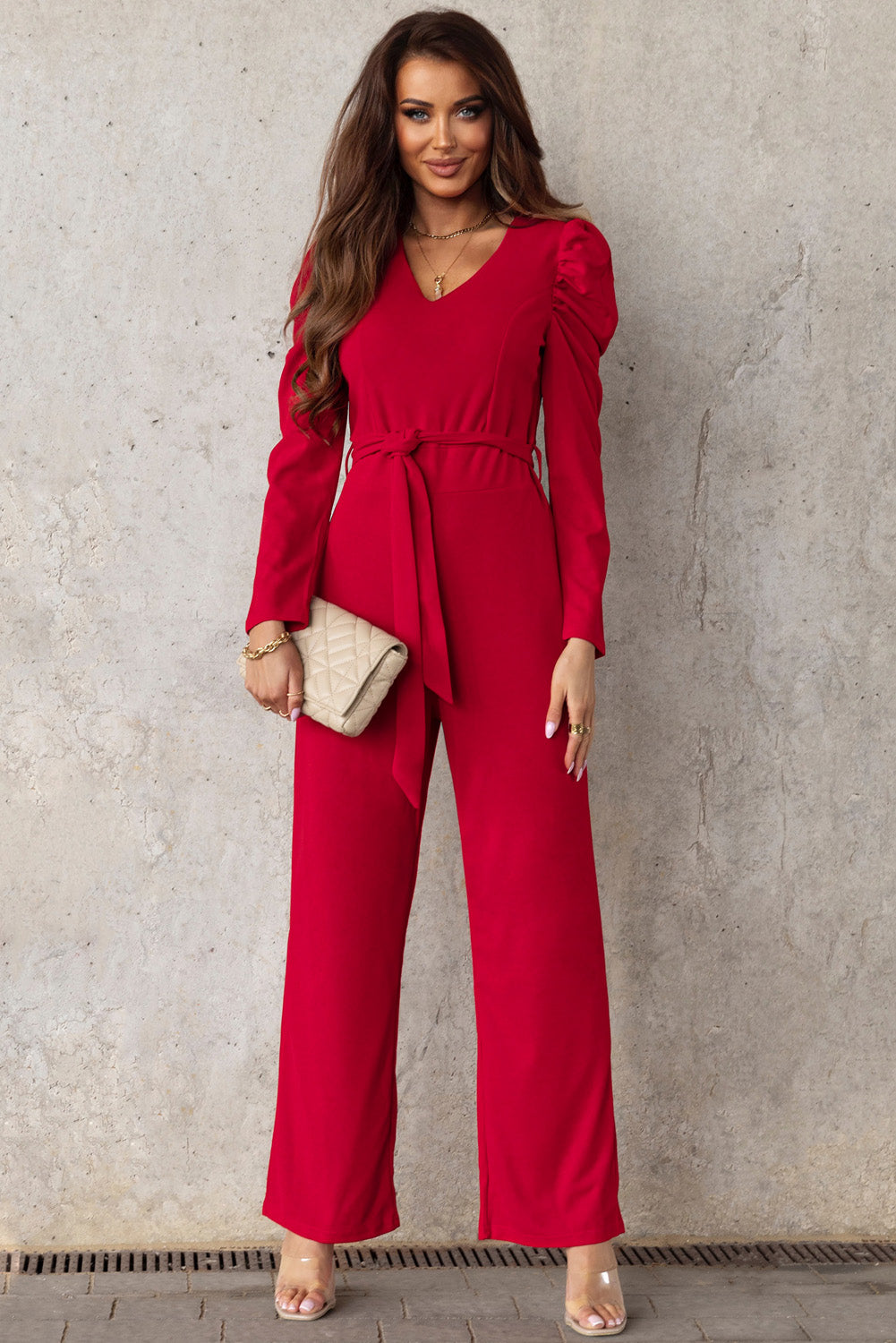 swvws Belted Long Puff Sleeve V-Neck Jumpsuit