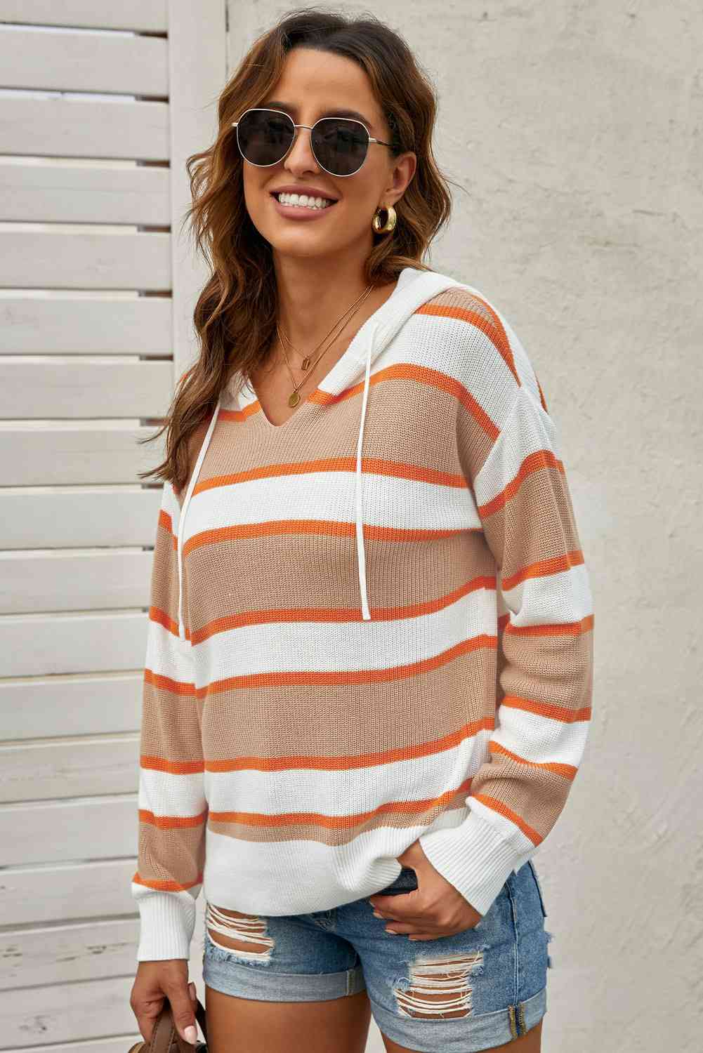 swvws Striped Drawstring Hooded Sweater