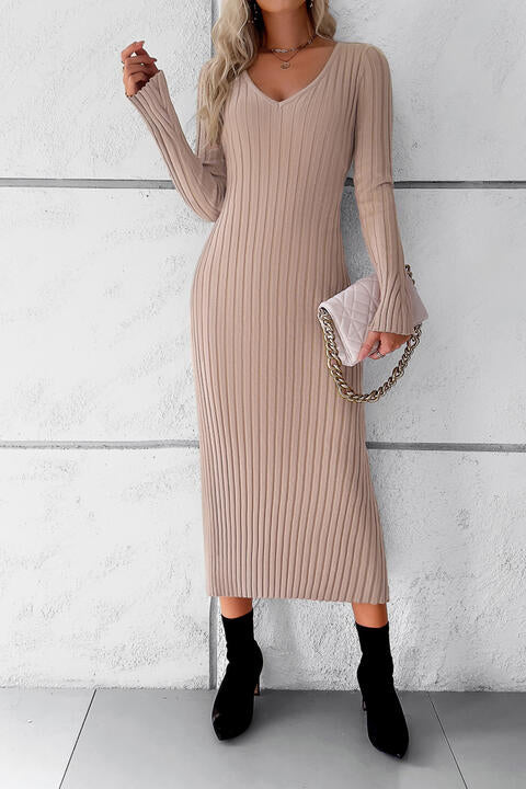 swvws V-Neck Long Sleeve Ribbed Sweater Dress