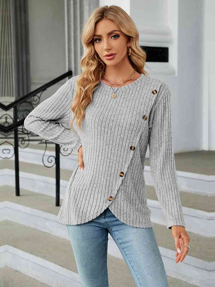 swvws Round Neck Ribbed Button Detail Blouse