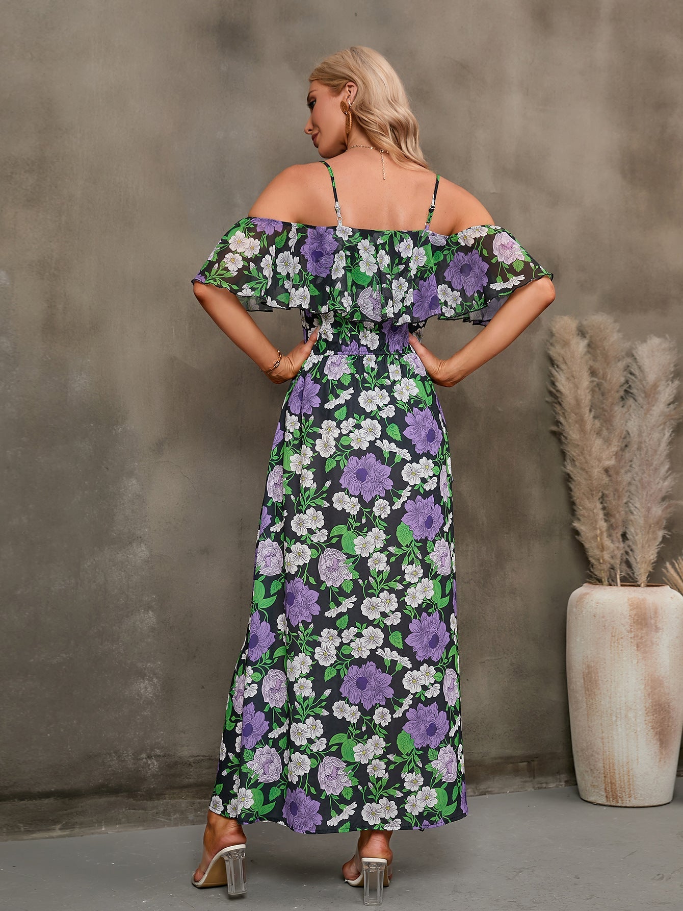 swvws Floral Spaghetti Strap Cold-Shoulder Slit Maxi Dress