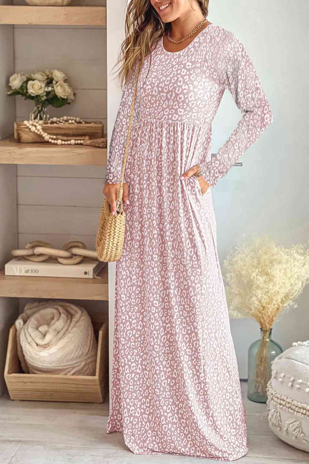 swvws Leopard Round Neck Long Sleeve Maxi Dress